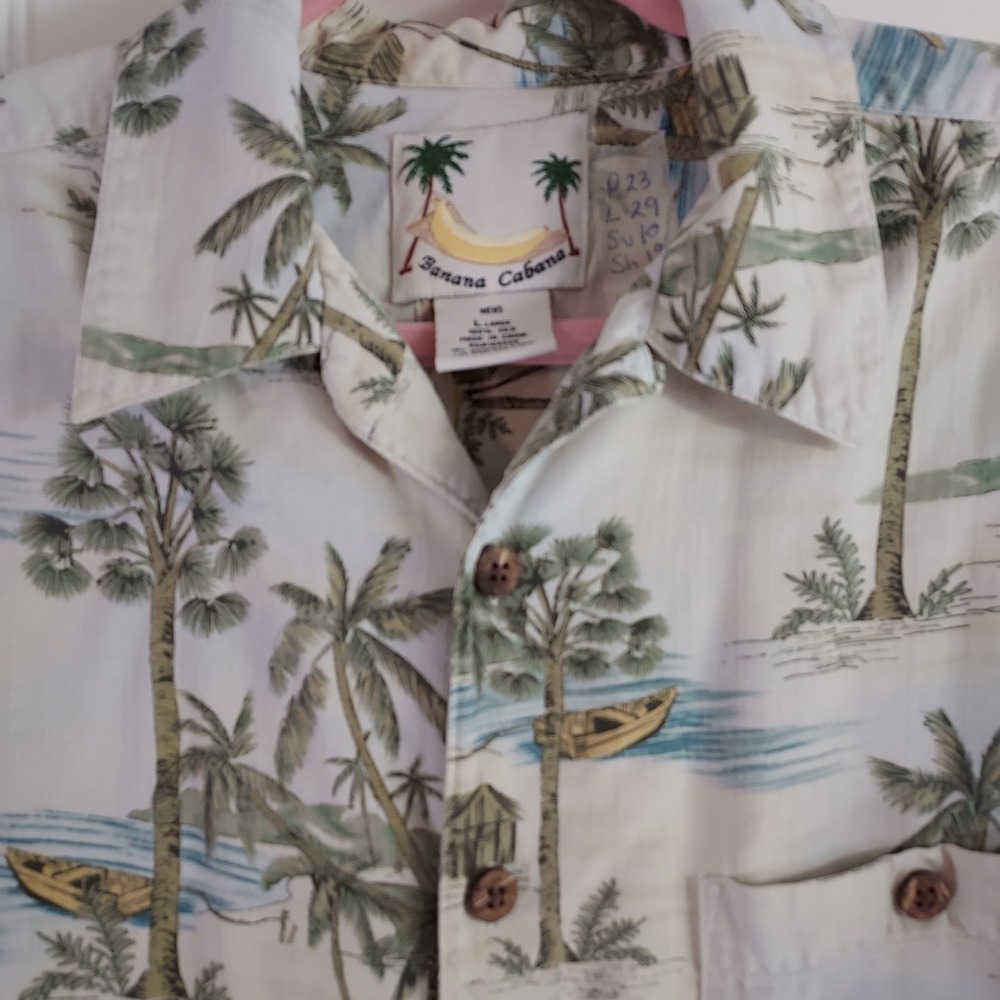 Banana Cabana Hawaiian Shirt Mens Large 100% Silk Palm Tree Tropical Button Up